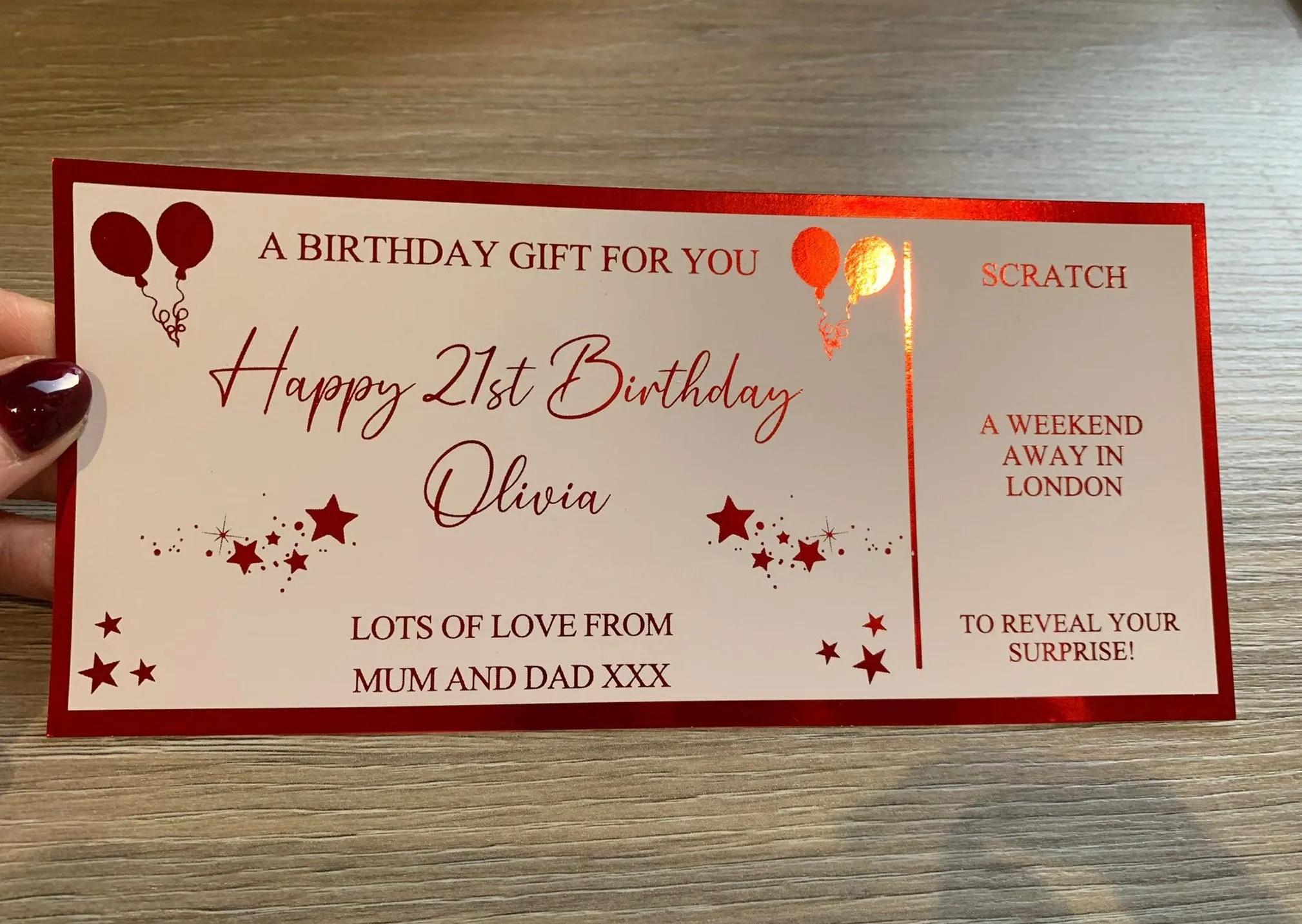 Personalised Birthday Card Foil Voucher Ticket, Surprise Reveal, Spa Day, Experience, Afternoon Tea