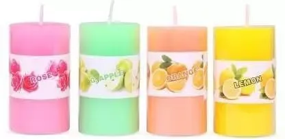 Pillar Candles, Smokeless Scented Small Pillar Candles Pack of 4 for Home Decoration and Celebrations, Burning Time 8hr-9hr, Aromatic Rose, Zesty Lemon, Tangy Orange, Fresh Green Apple Candles.