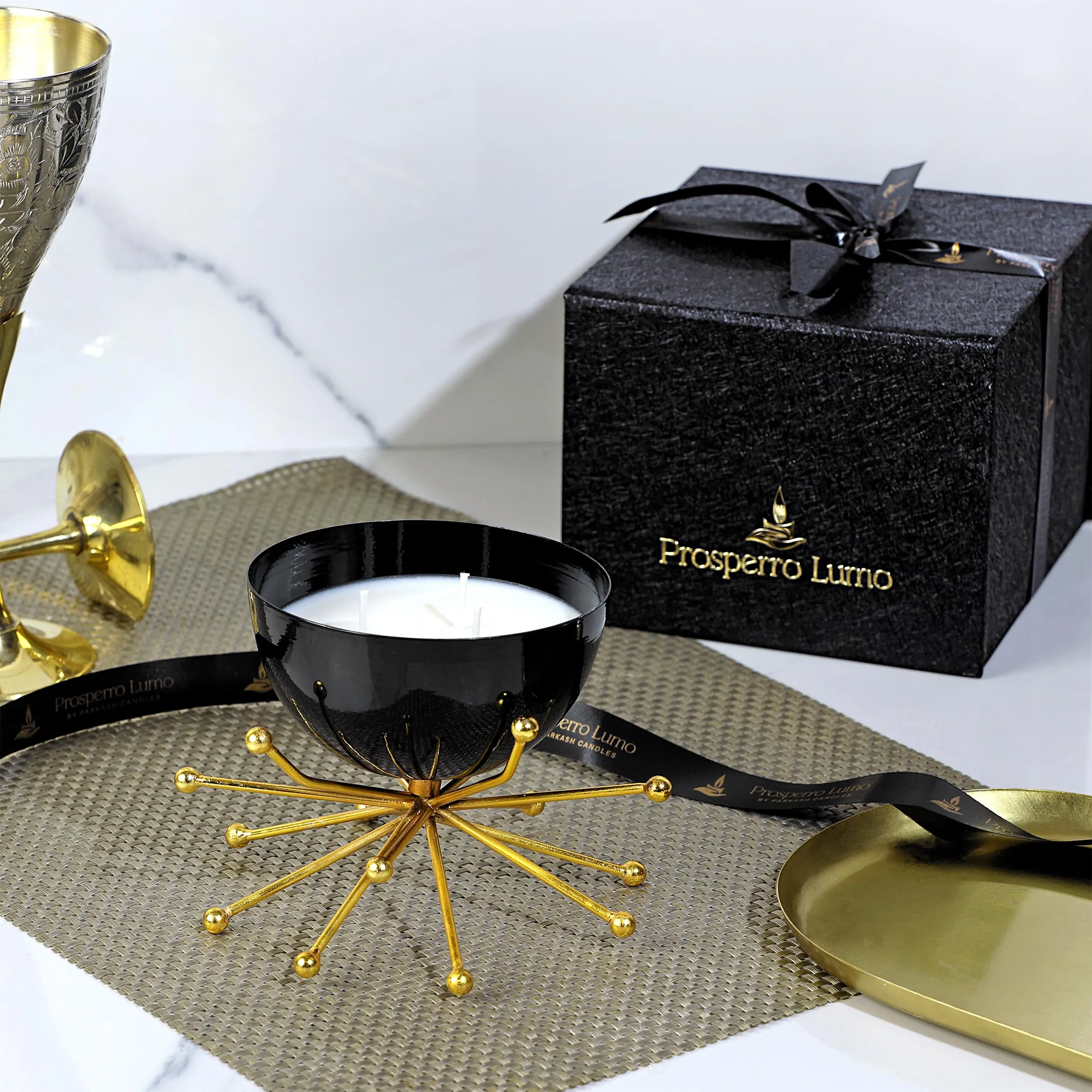 PROSPERRO LUMO by Parkash Candles Modern Bowl Scented Candle with Decorative Brass Stand || Soy Wax (Black)