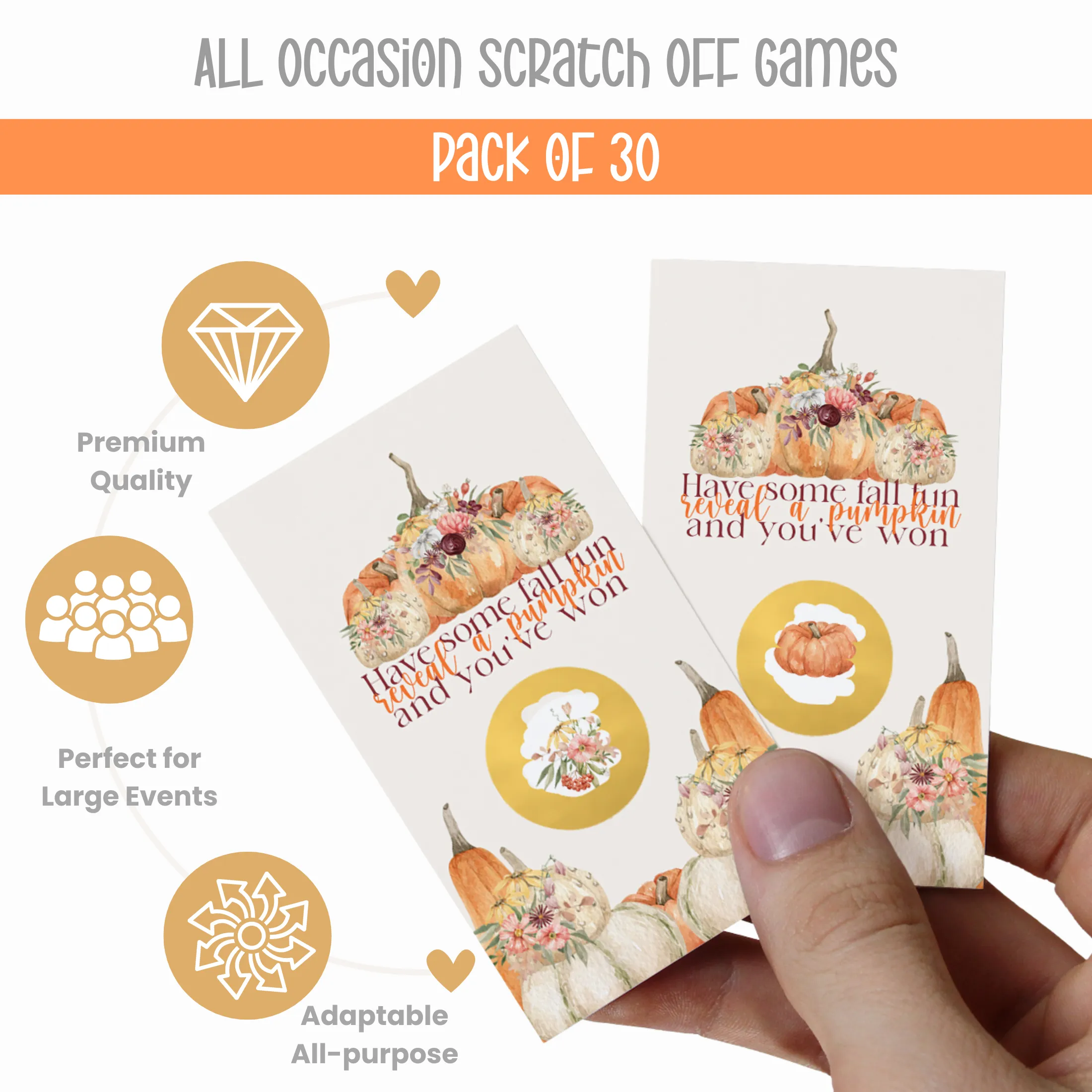 Rustic Pumpkin Scratch Off Cards, Thanksgiving Party Games for Adults, Fall Showers, Raffle Tickets, Friendsgiving Favors, 30 Pack