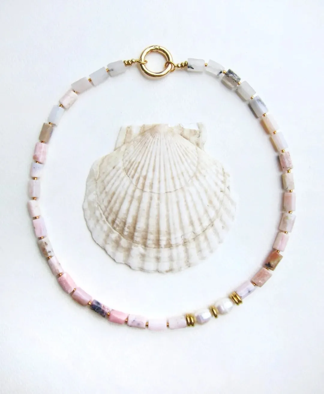 SALE - Pink Opal and Baroque Freshwater Pearl Statement Necklace