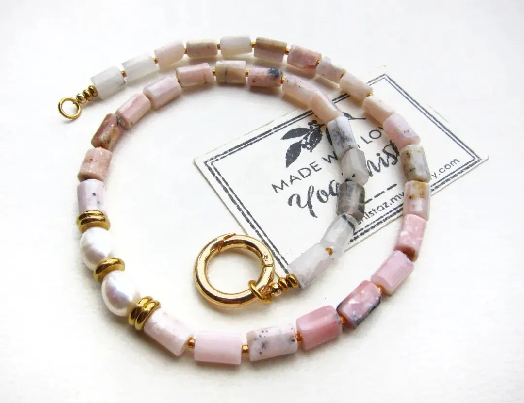 SALE - Pink Opal and Baroque Freshwater Pearl Statement Necklace