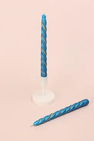 Set of 2 Blue Twisted Dinner Candles with Glitter Stripe