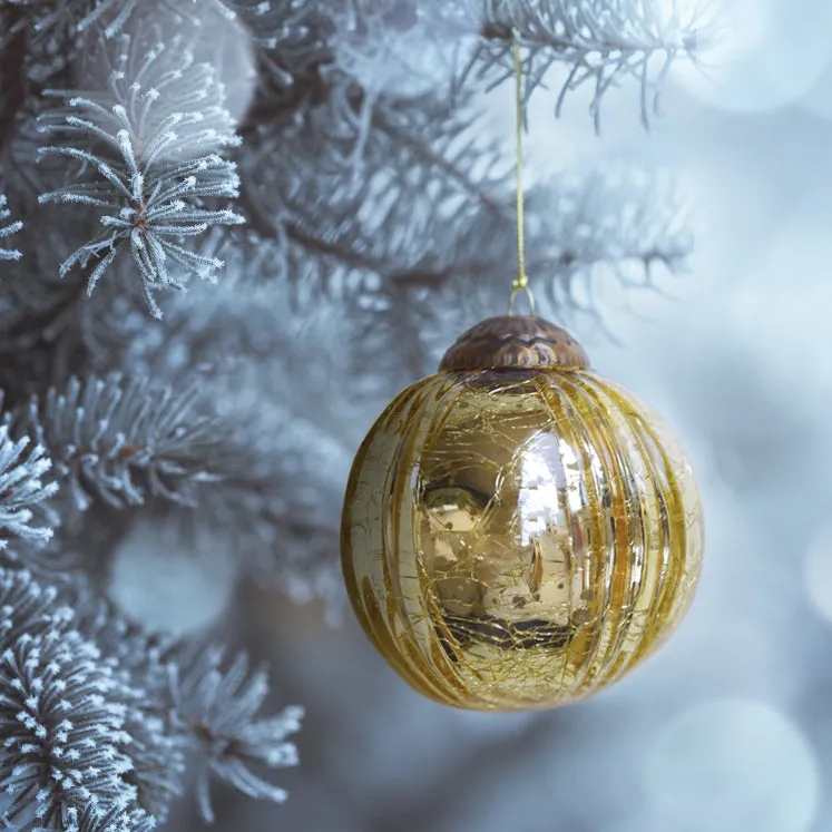 Set of 4 Gold Mercury Glass Ornaments (3.15 Inch Grooved Crackle Ball) - Perfect for Christmas Tree, Hanging Holiday Decoration, Gifts & Home Decor