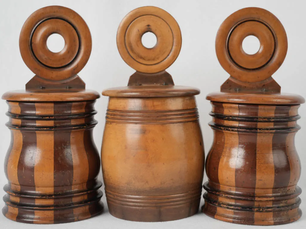 Three 19th-century turned & coopered fruitwood hanging salt boxes 10¾"