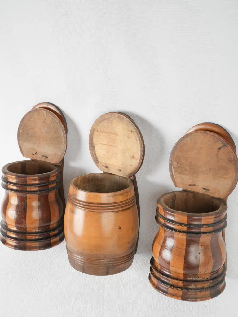 Three 19th-century turned & coopered fruitwood hanging salt boxes 10¾"