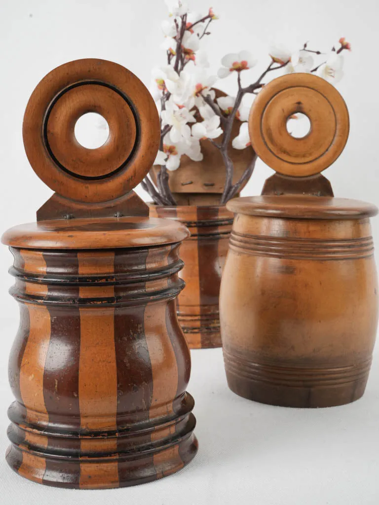 Three 19th-century turned & coopered fruitwood hanging salt boxes 10¾"