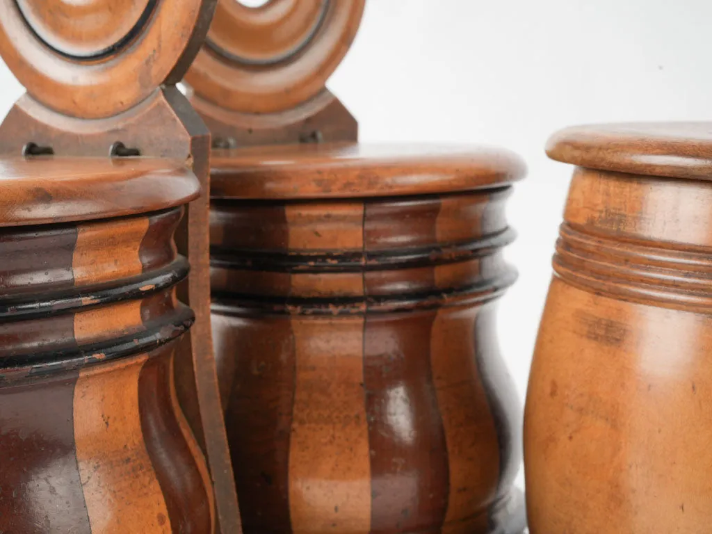 Three 19th-century turned & coopered fruitwood hanging salt boxes 10¾"