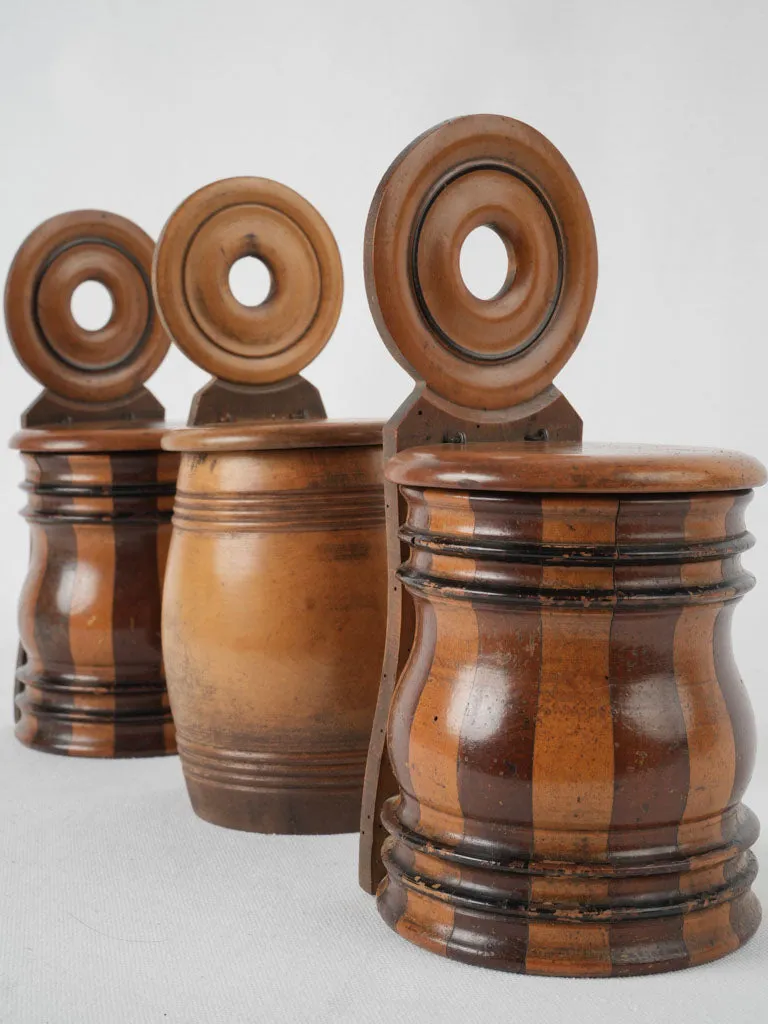 Three 19th-century turned & coopered fruitwood hanging salt boxes 10¾"