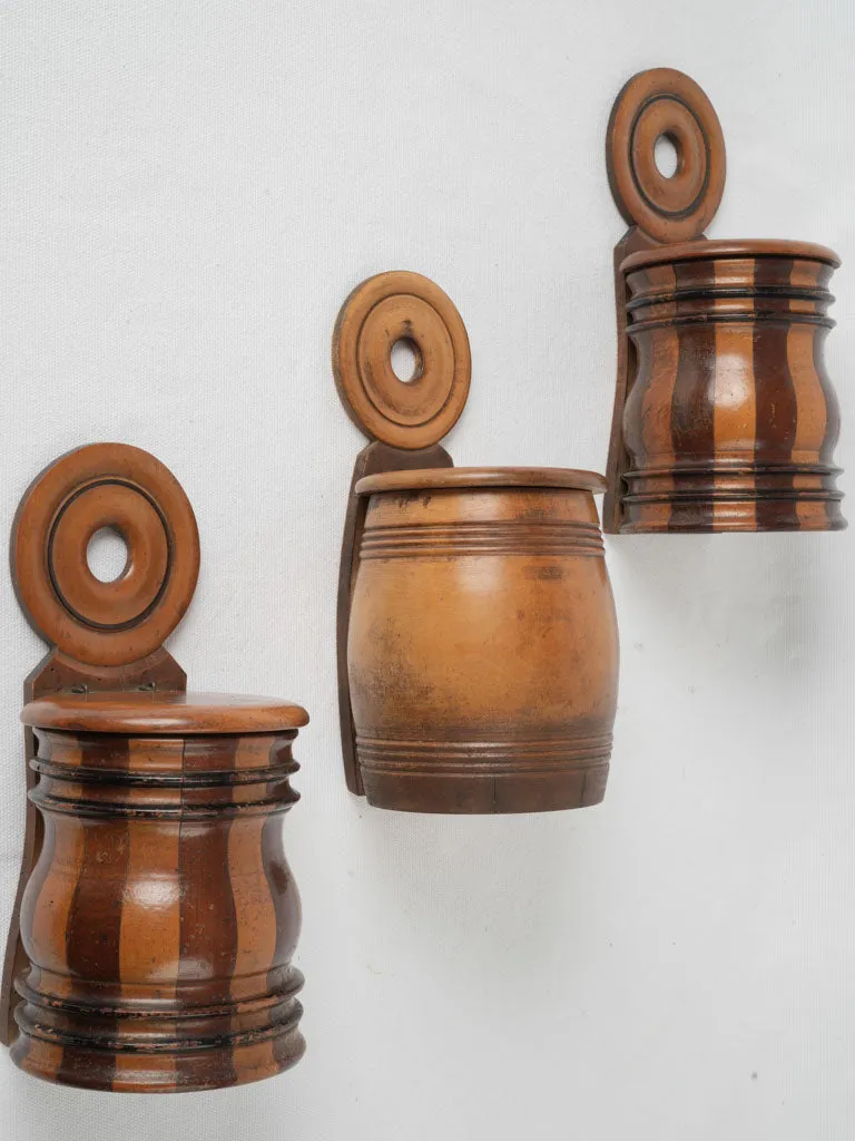 Three 19th-century turned & coopered fruitwood hanging salt boxes 10¾"