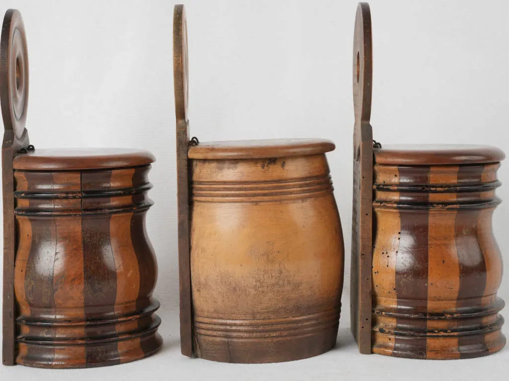 Three 19th-century turned & coopered fruitwood hanging salt boxes 10¾"