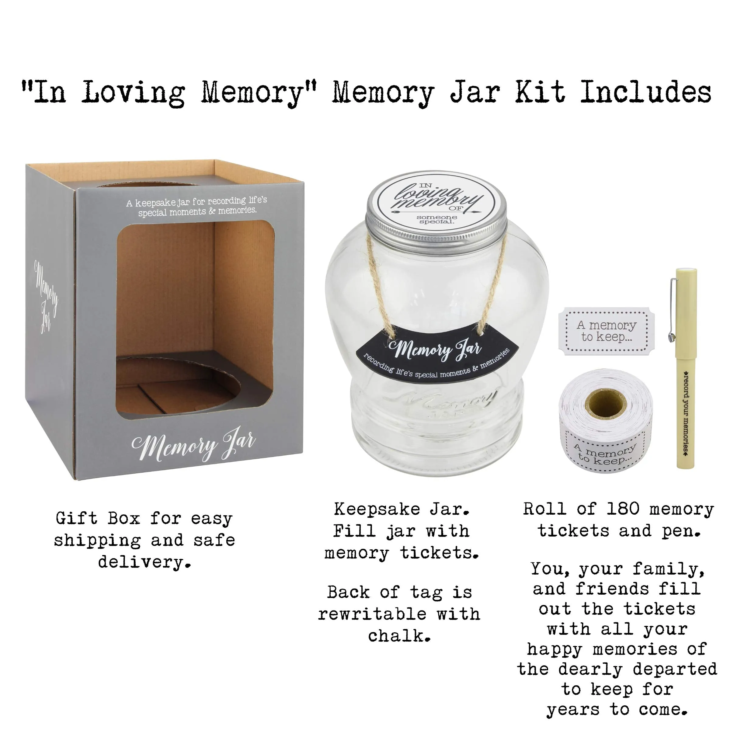 Top Shelf "In Loving Memory" Memory Jar ; Thoughtful Condolence Gift Ideas ; Unique Memorial Gifts ; Keepsakes for Friends and Family ; Kit Comes with 180 Blank Tickets, Pen, and Decorative Lid