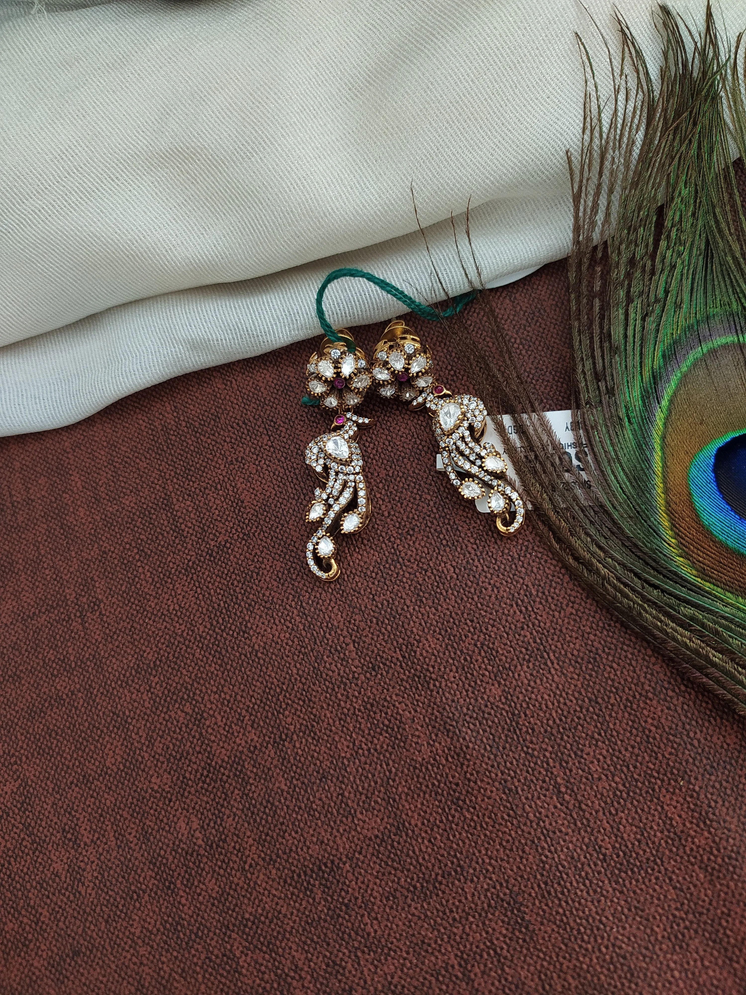 Unique Peacock Design Silver Monzonite Stone Earrings