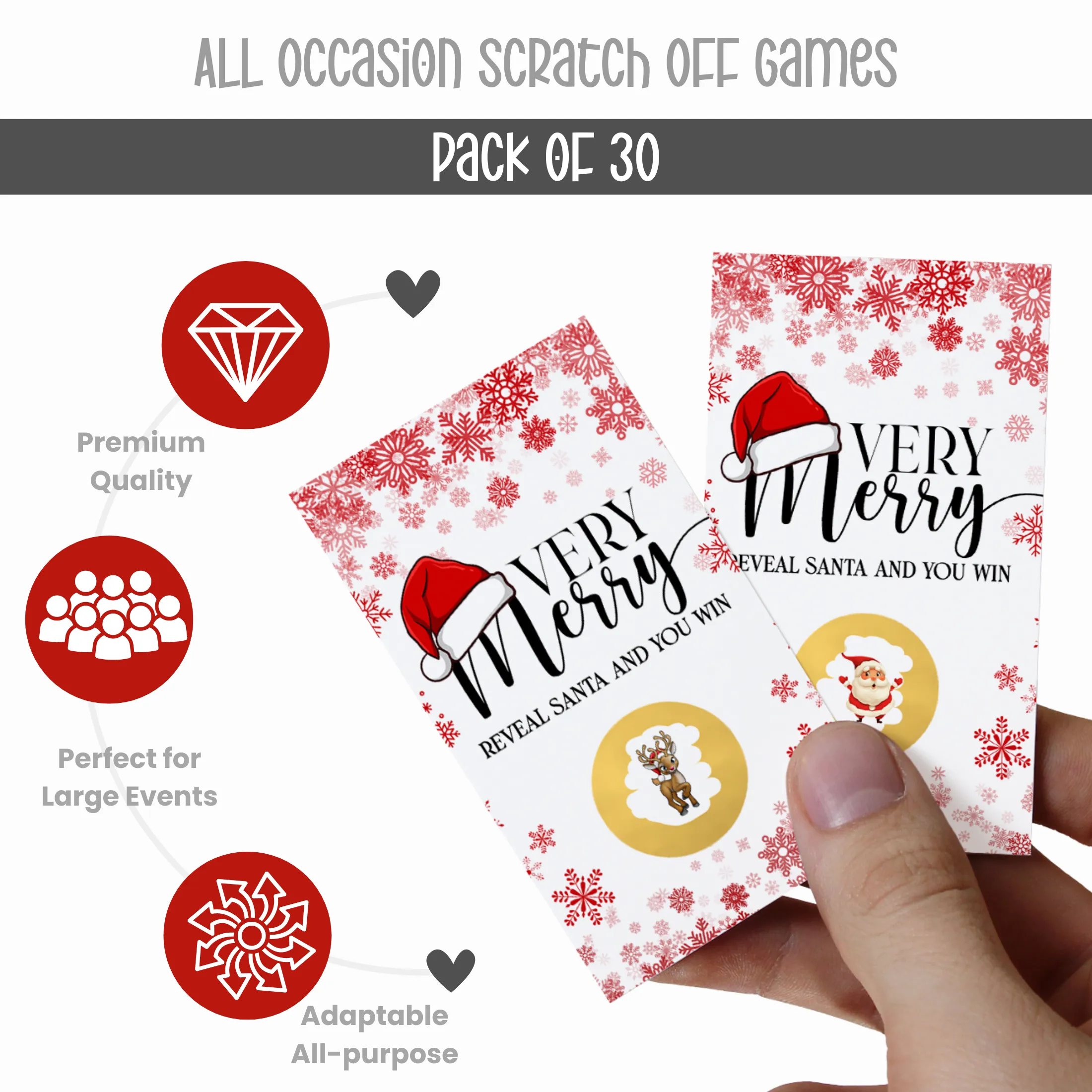 Very Merry Christmas Scratch Off Cards, Holiday Party Games for Santa Baby Shower, Wedding, Raffle Tickets, Groups, Adults, Snowflake Favors Xmas, 30 Pack