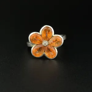 Vintage Silver Yellow Spinel Diamond Flower Cluster Ring, Sz 6 3/4