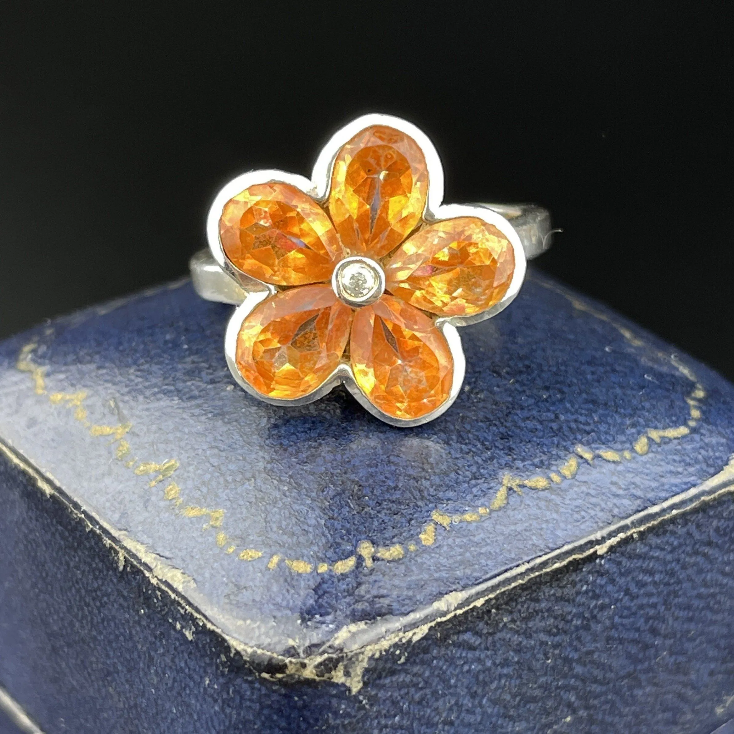 Vintage Silver Yellow Spinel Diamond Flower Cluster Ring, Sz 6 3/4